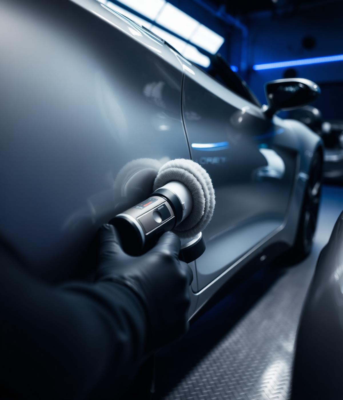 Detailer machine polishing a luxury car door panel
