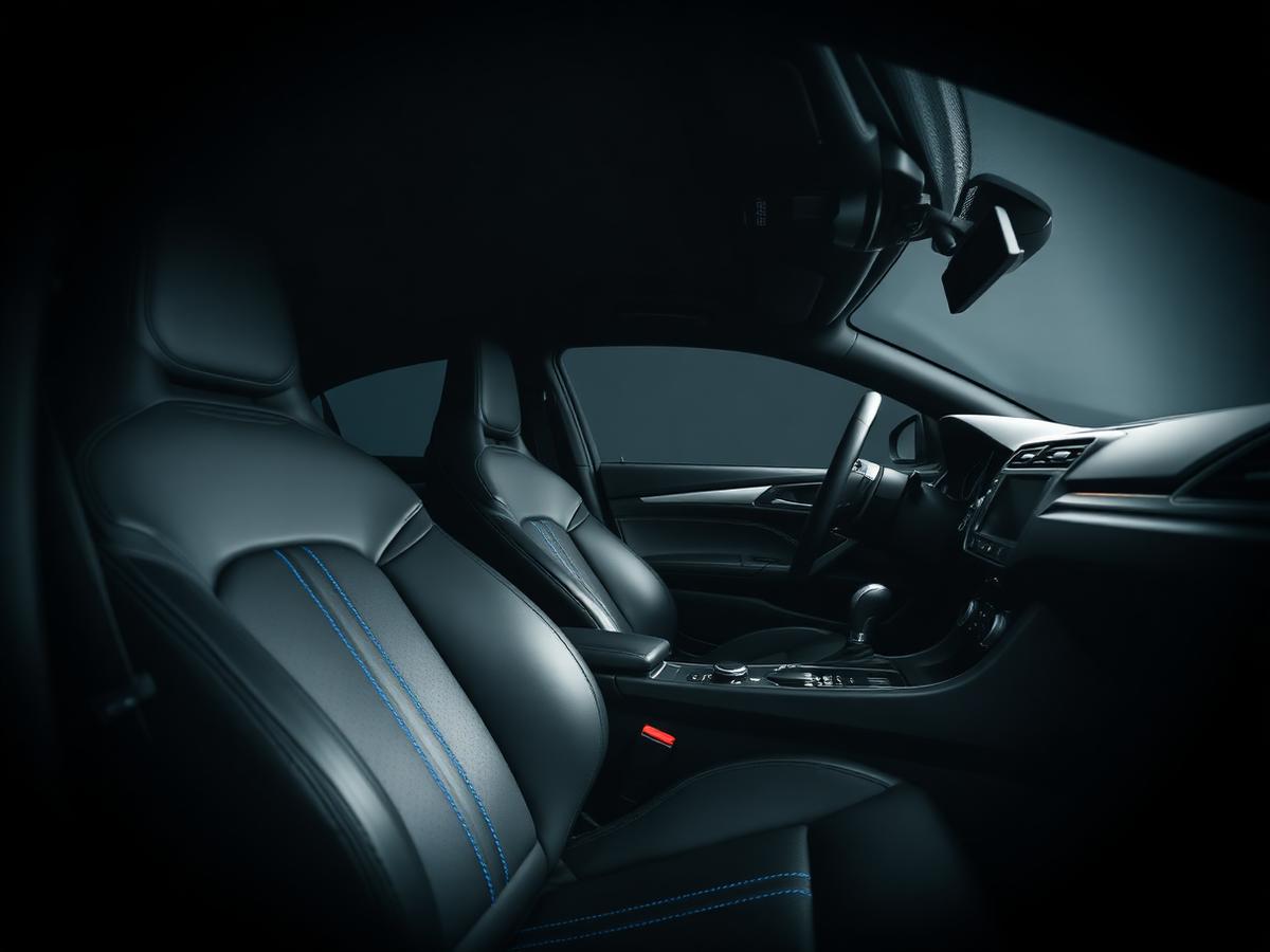 Detailed black leather car interior with blue stitching