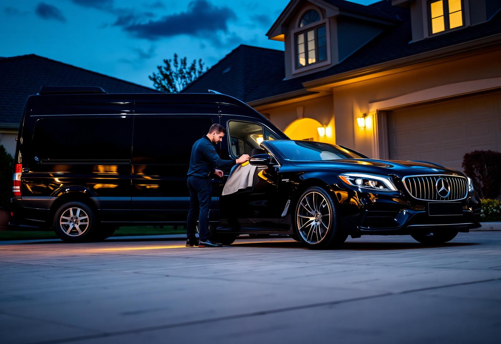 Mobile detailing van and detailer working on a black luxury sedan in a driveway